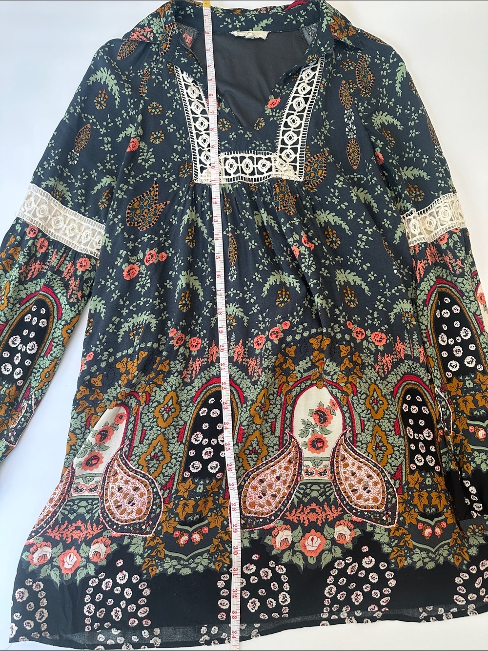 Entro Boutique Boho Floral Paisley Tunic Dress Small Crochet Lace Long Sleeve - Picture 8 of 13